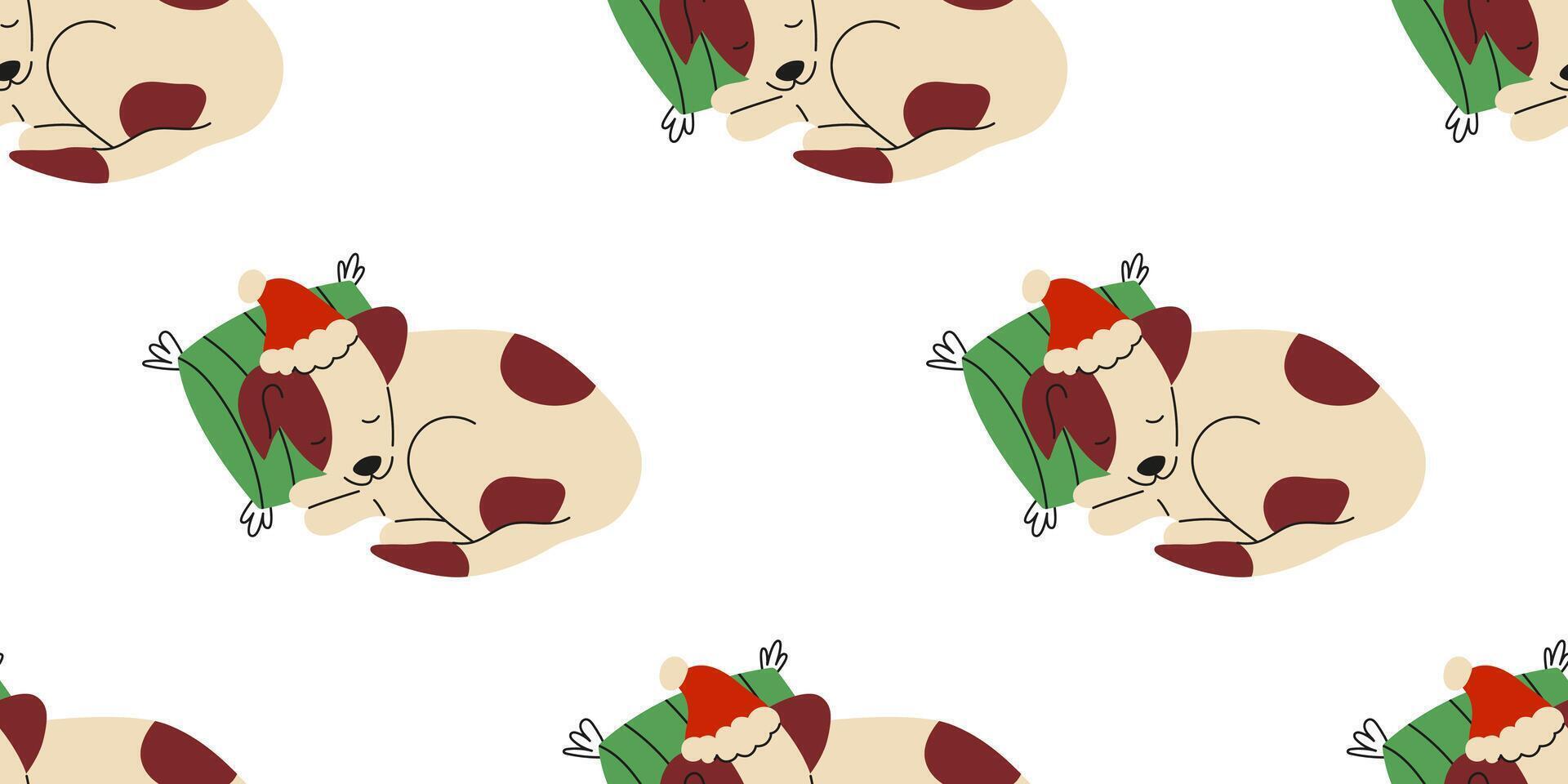 Sleeping dog in a Christmas hat seamless pattern. Flat illustration. vector