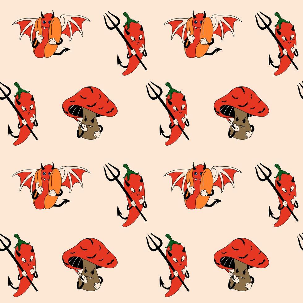 Seamless pattern with cute, happy, funny hot dog, pepper devil and mushroom with a knife cartoon mascot character vector