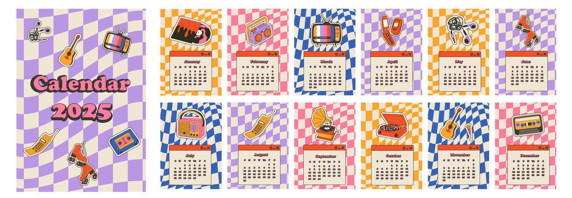 2025 calendar with Retro stickers design. Calendar planner minimal ...