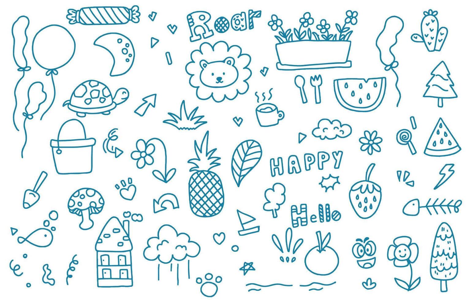 cute doodle element object with leaf,cup, flower for nursery school design vector