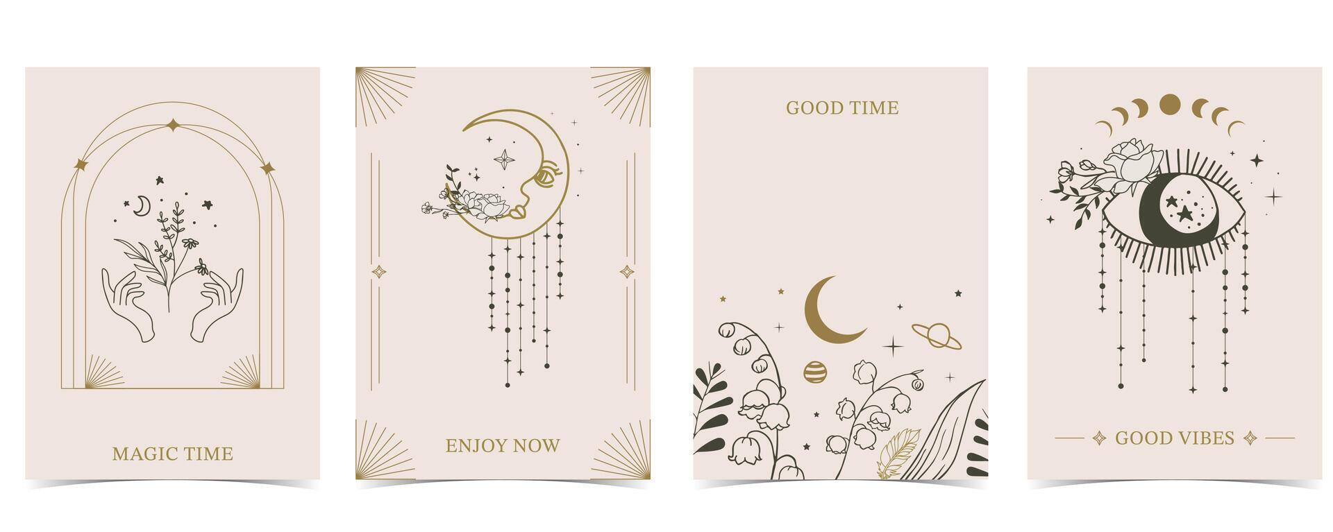Boho invitation card with moon,eye,flower,leaf vector