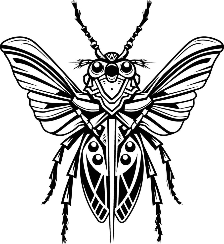 A black and white drawing of a bug with wings vector