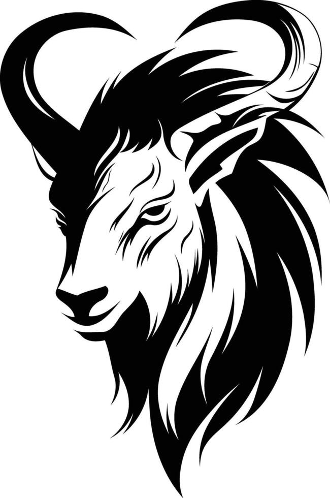 The head of a ram is shown in black and white vector
