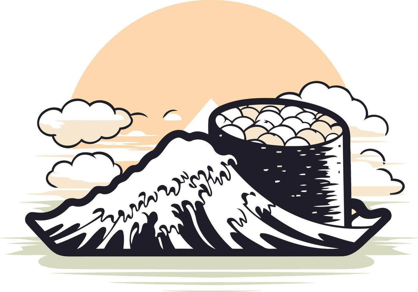 A cartoon illustration of a bowl of rice with a mountain in the background vector