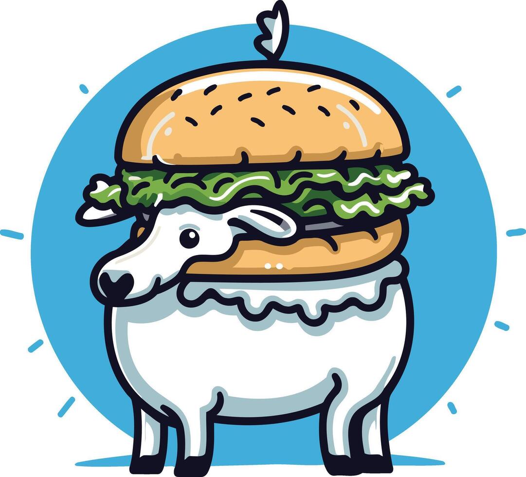 A cartoon sheep with a burger on its head vector