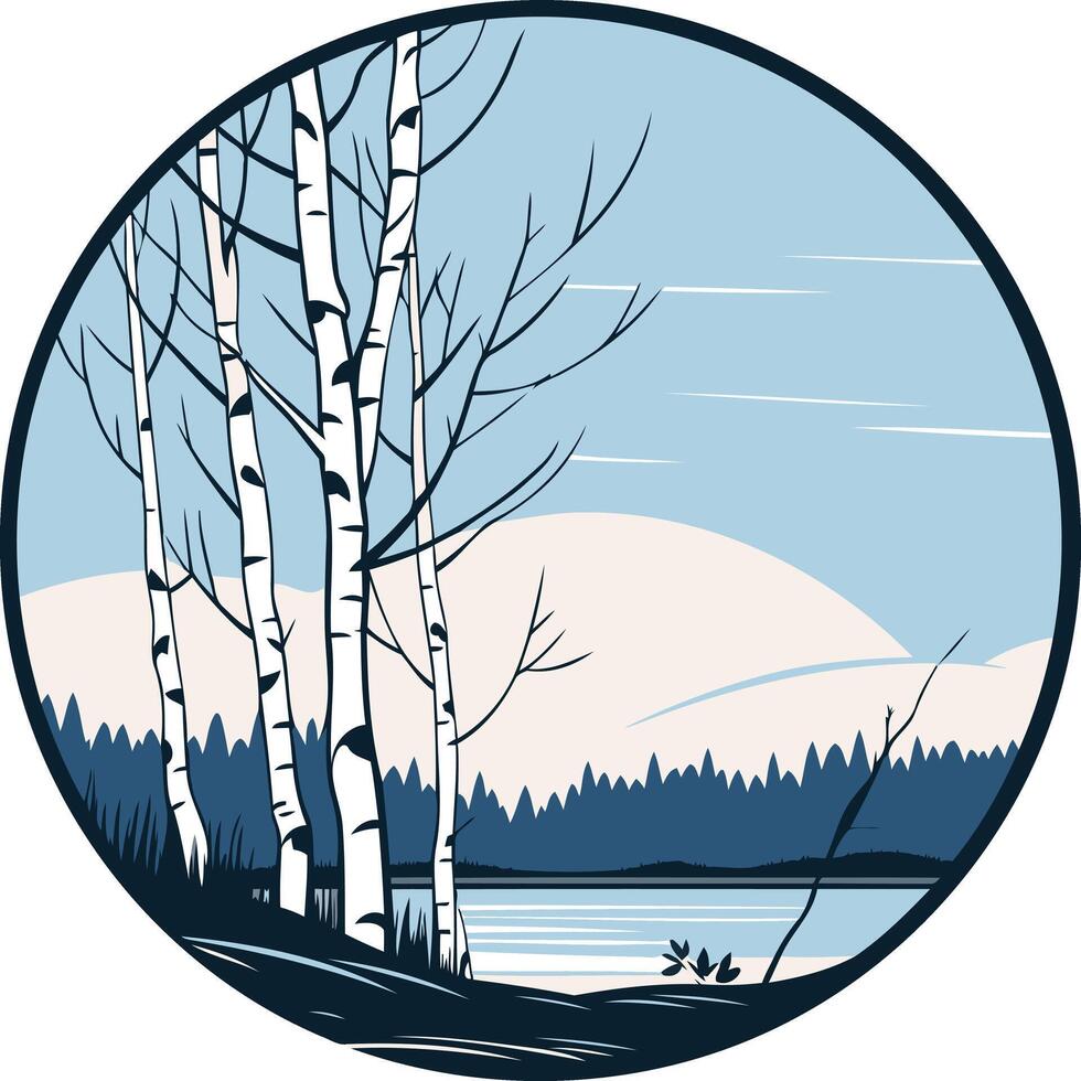A circular design with birch trees and a lake vector