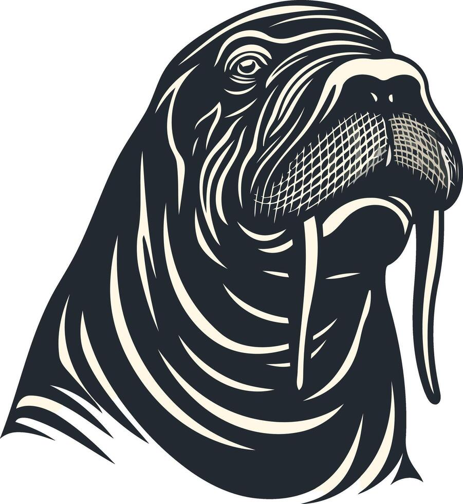 The head of a walrus is shown in a black and white design vector