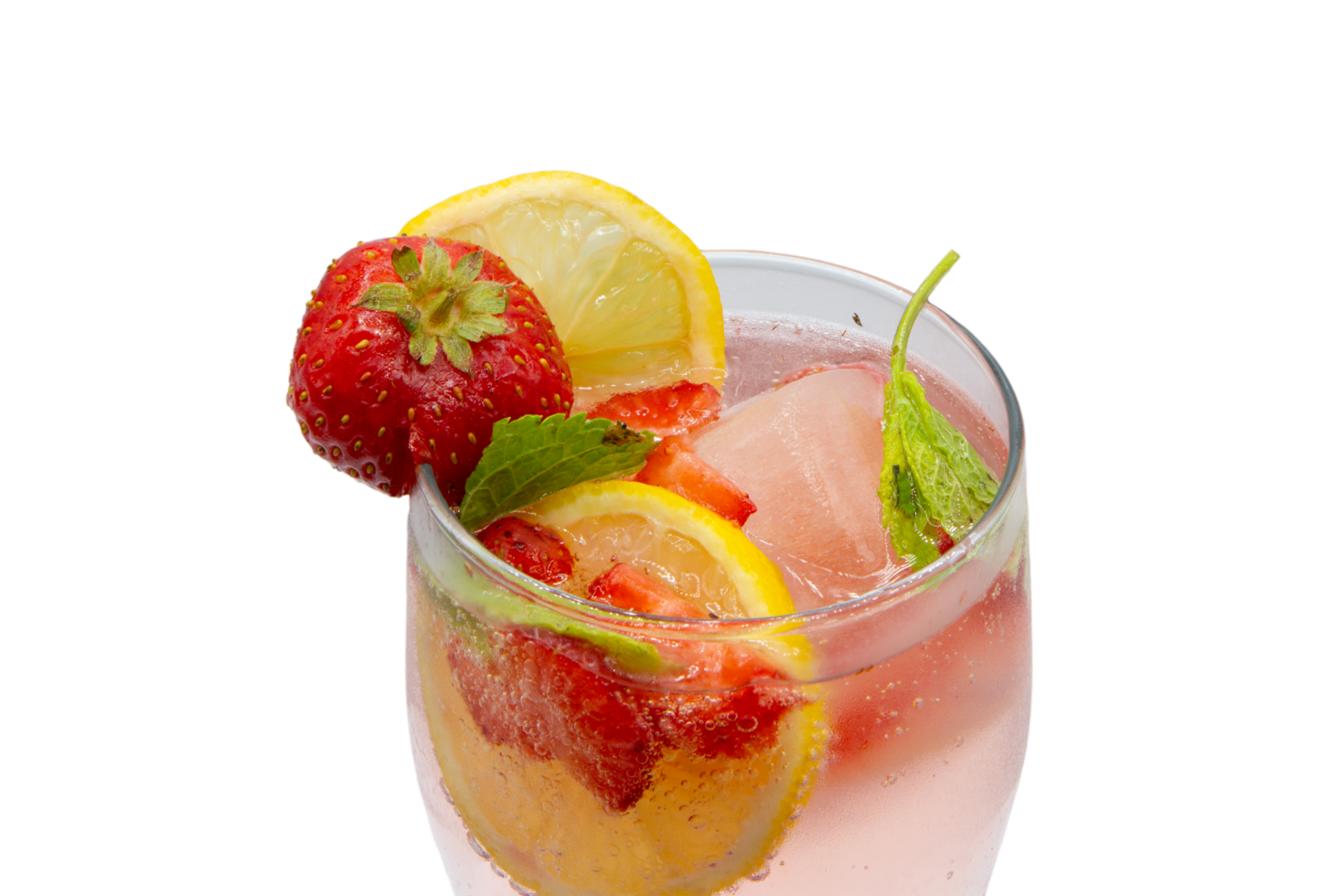 A refreshing glass of strawberry lemonade with ice, garnished with fresh mint and strawberries png