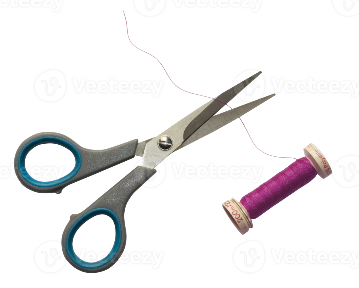 scissors cutting thread A pair of sewing scissors cutting pink sewing thread. Cut out on a transparent background png