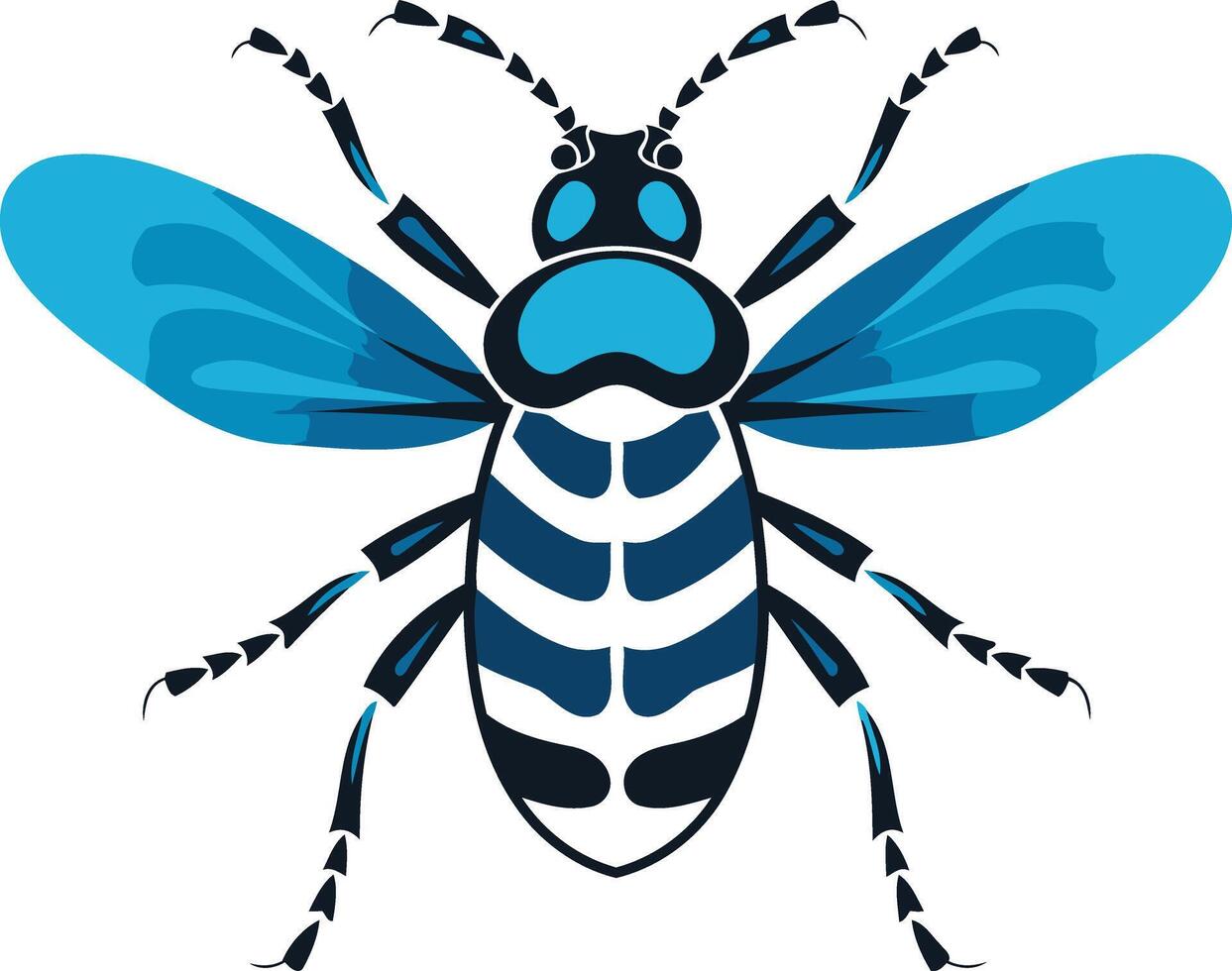 A blue and black wasp with a black and white striped body vector