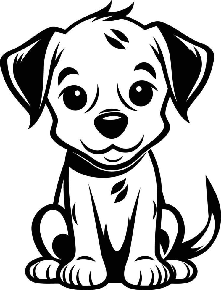 A cartoon dog sitting on the ground with a black and white outline vector