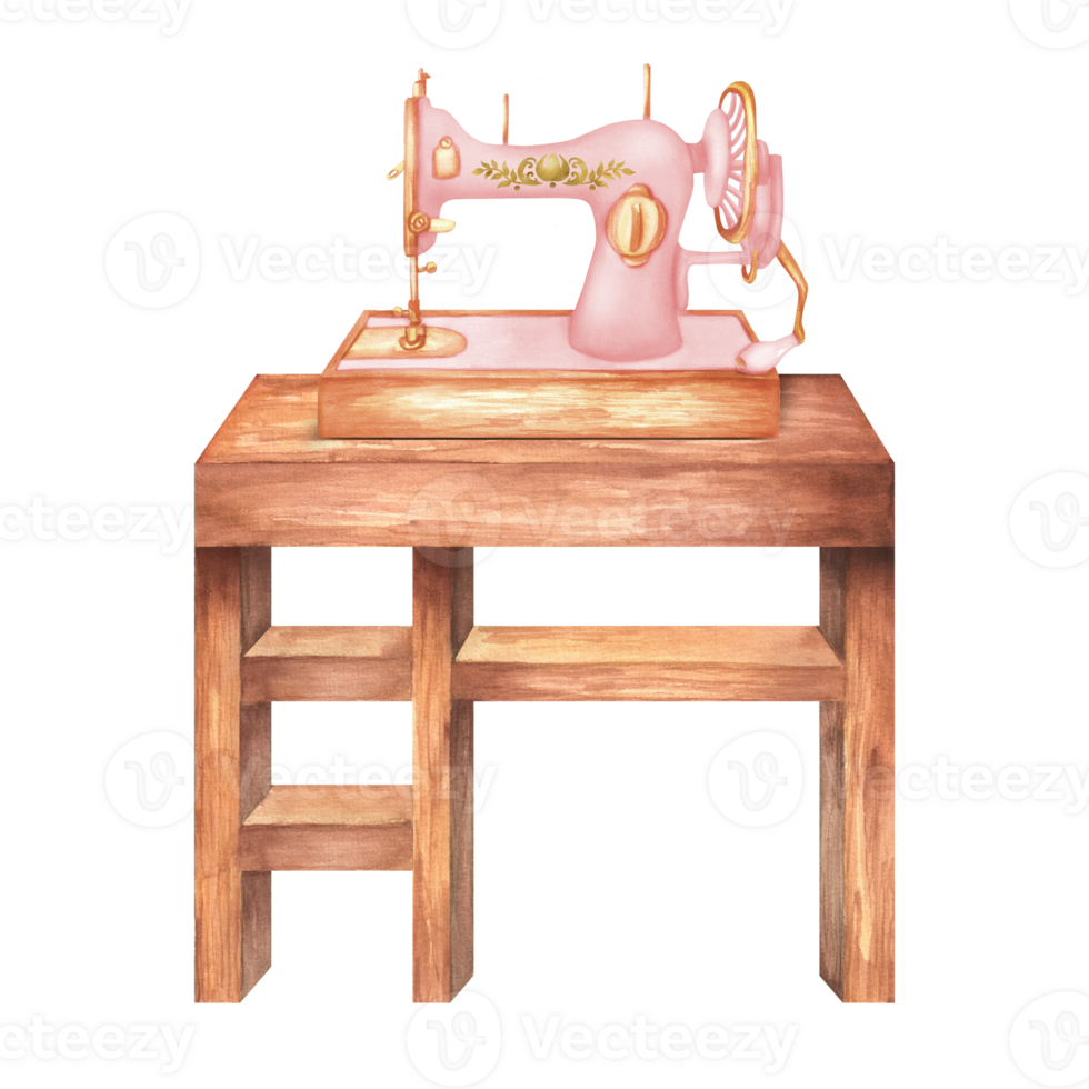 Sewing machine on the wooden table. Sewing clipart. Tailoring. Workshop. Handcraft. Hand-drawn watercolor illustration png
