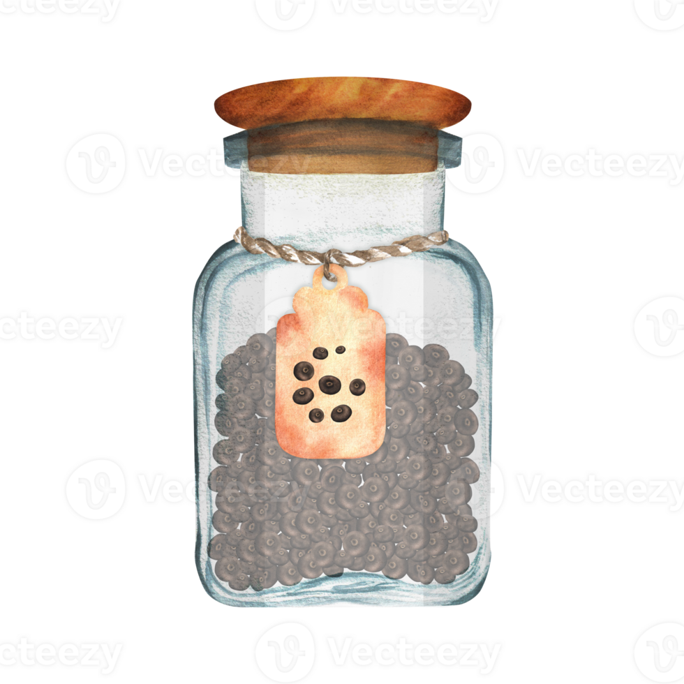 Glass jar with fragrant pepper and paper tag. Kitchen cooking clipart. Spices. Hand-drawn watercolor illustration png