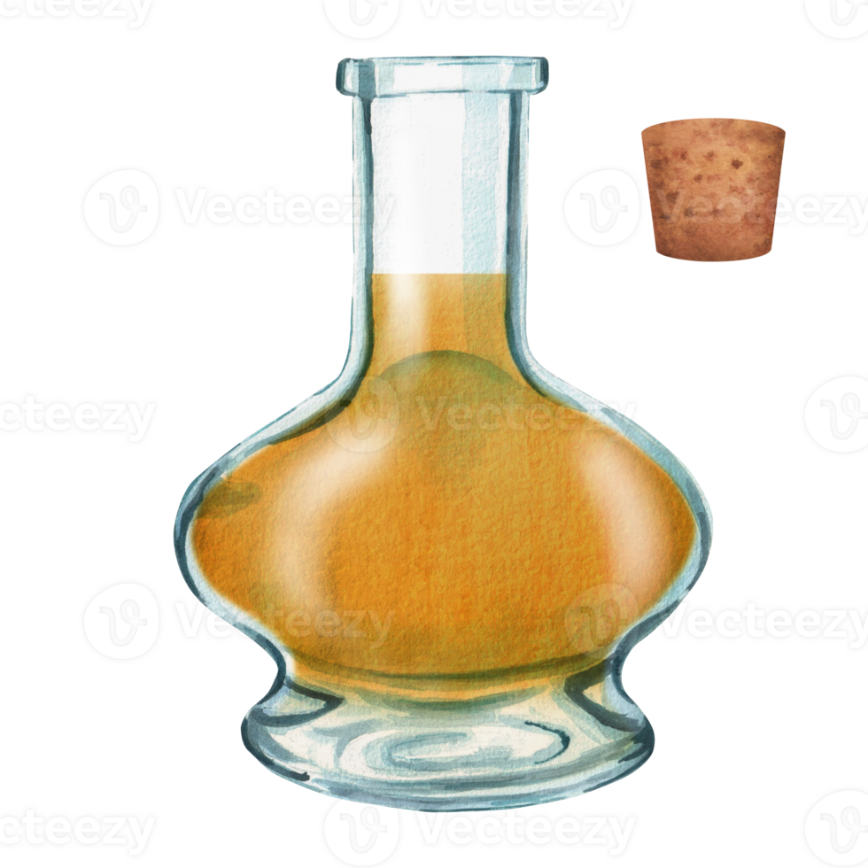 glas fles met olie en kurk stop. ayurveda behandeling, vegetarisch voedsel of kunstmatig olie. hand getekend waterverf png