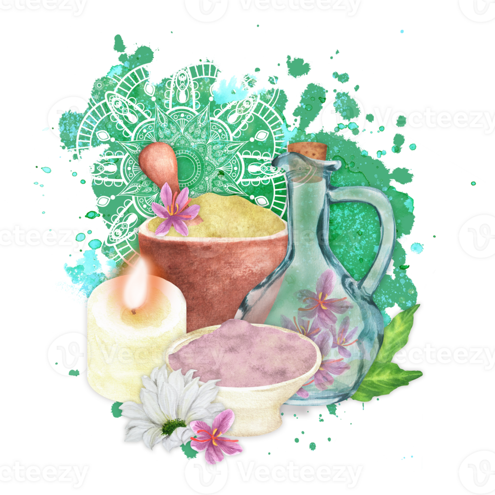 Glass jug with saffron flowers, ceramic mortar with herbal powder and pestle, a cup with powder and lighting candle. Ayurveda. Watercolor background with mandala. Hand-drawn watercolor illustration png