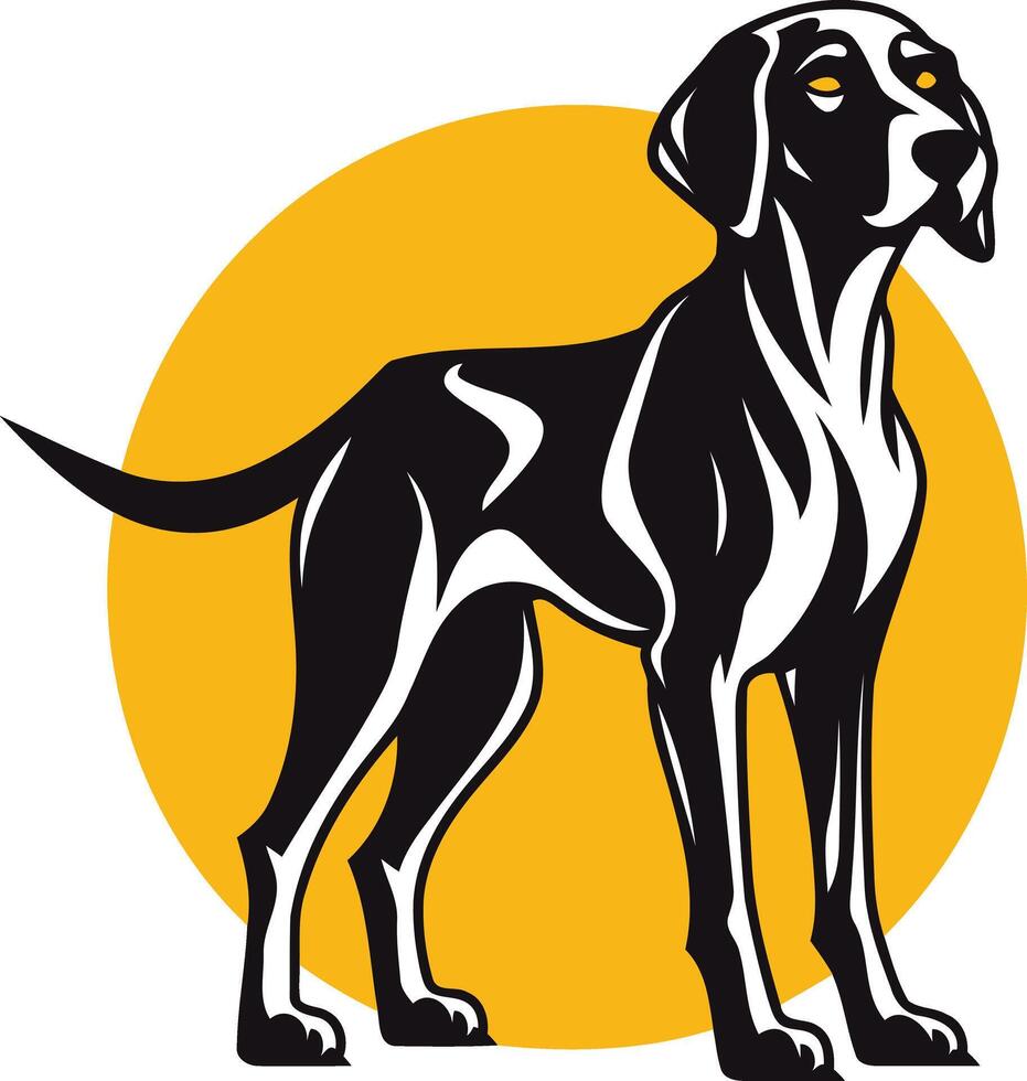 A black and white dog standing in front of a yellow circle vector