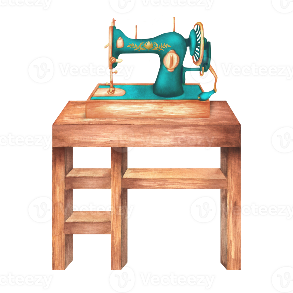 Wooden table with sewing machine. Sewing clipart. Tailoring. Workshop. Handcraft. Hand-drawn watercolor illustration png