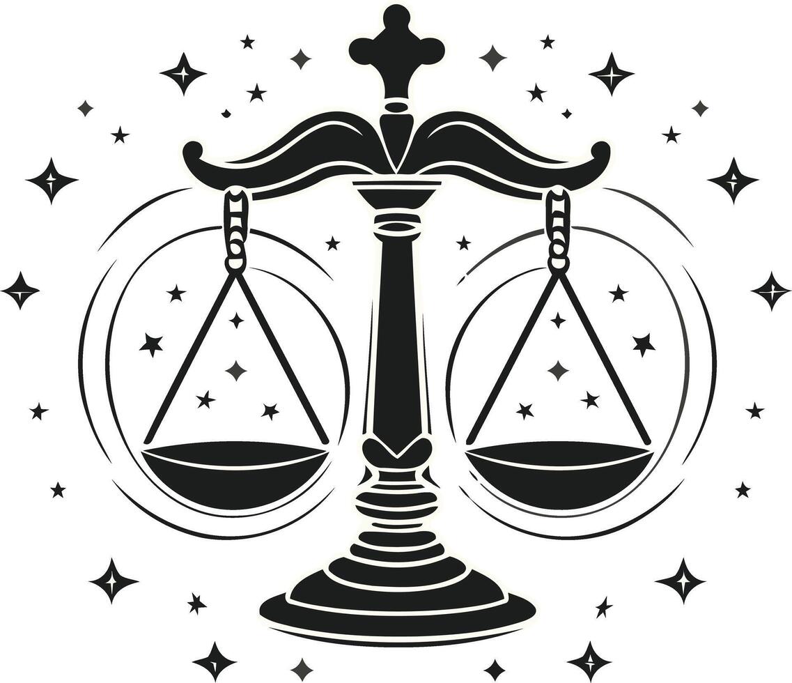 The scales of justice are shown in black and white vector