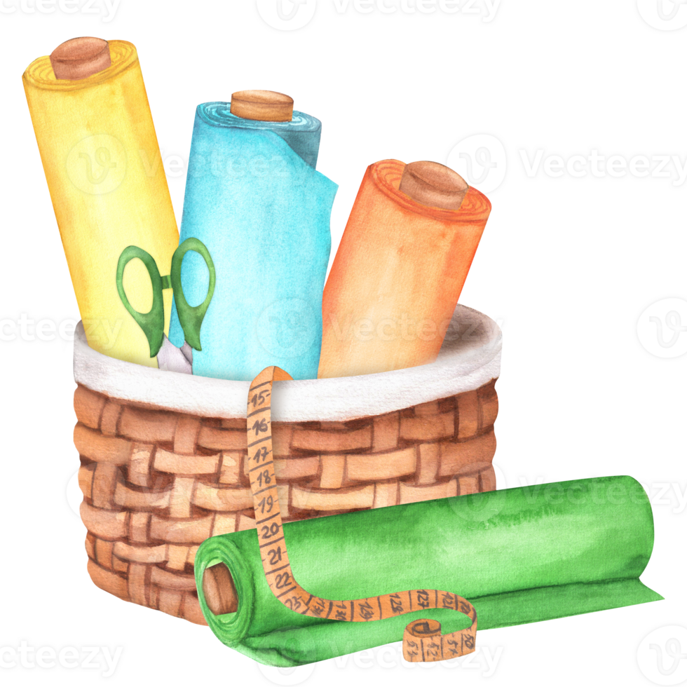 Woven basket with rolls of fabric, scissors and measuring tape. Sewing clipart. Tailoring. Hand-drawn watercolor png