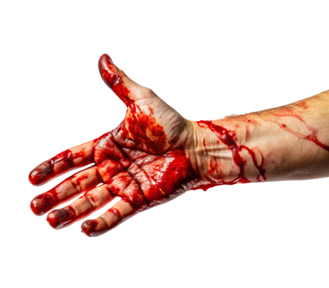 Bloody hand with red stains on transparent background png