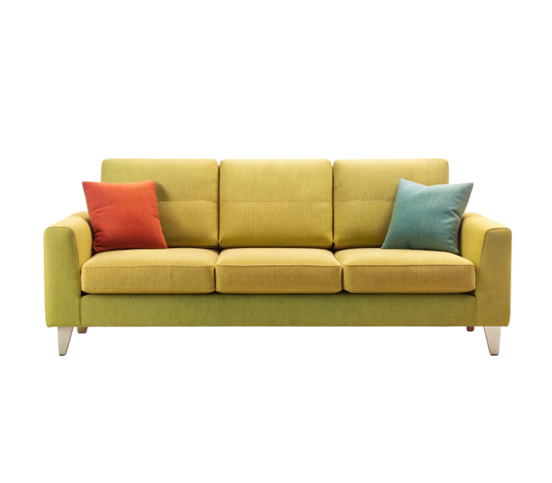 Modern green sofa with colorful cushions 50141804 PNG