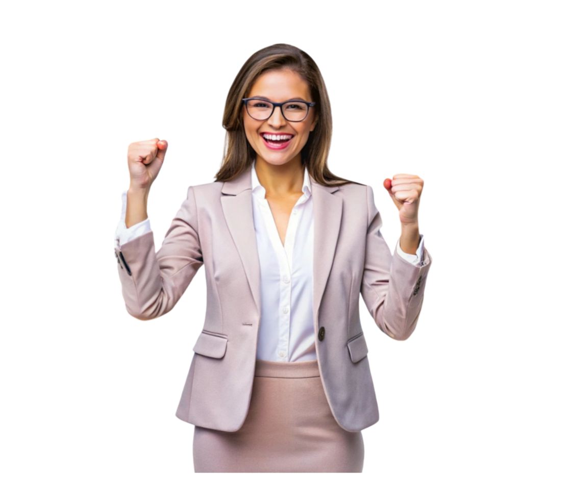Excited businesswoman celebrating success with raised fists png