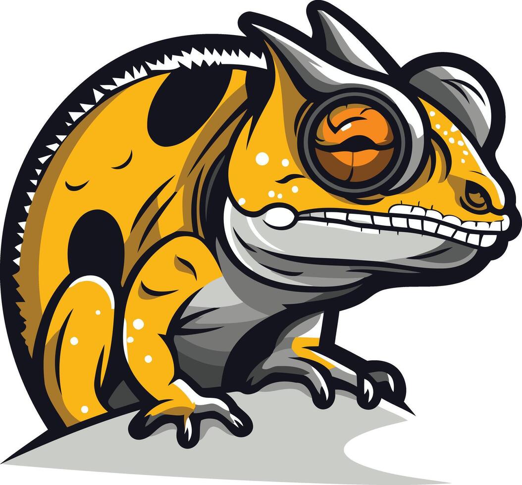 A cartoon chameleon with orange eyes and black spots vector