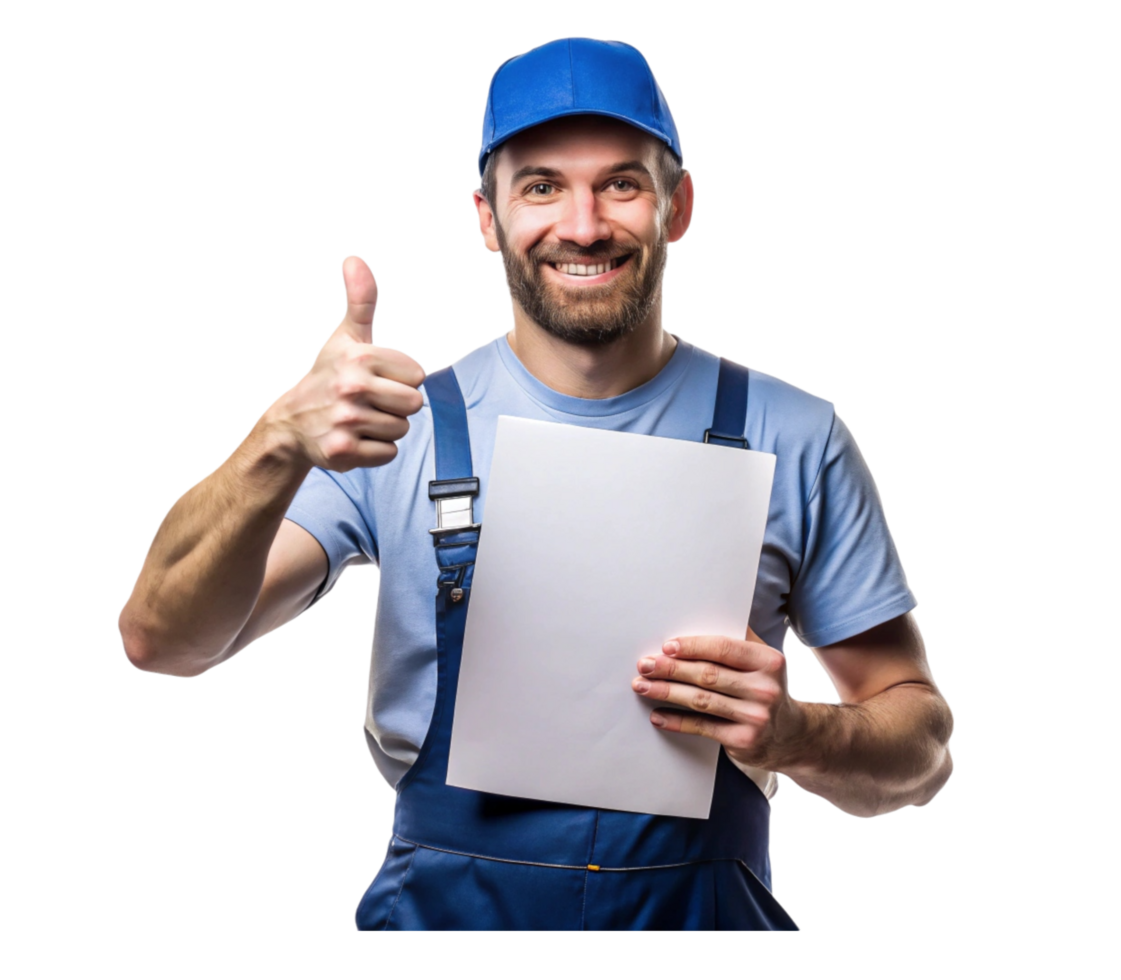 Smiling delivery worker holding blank paper and giving thumbs up png