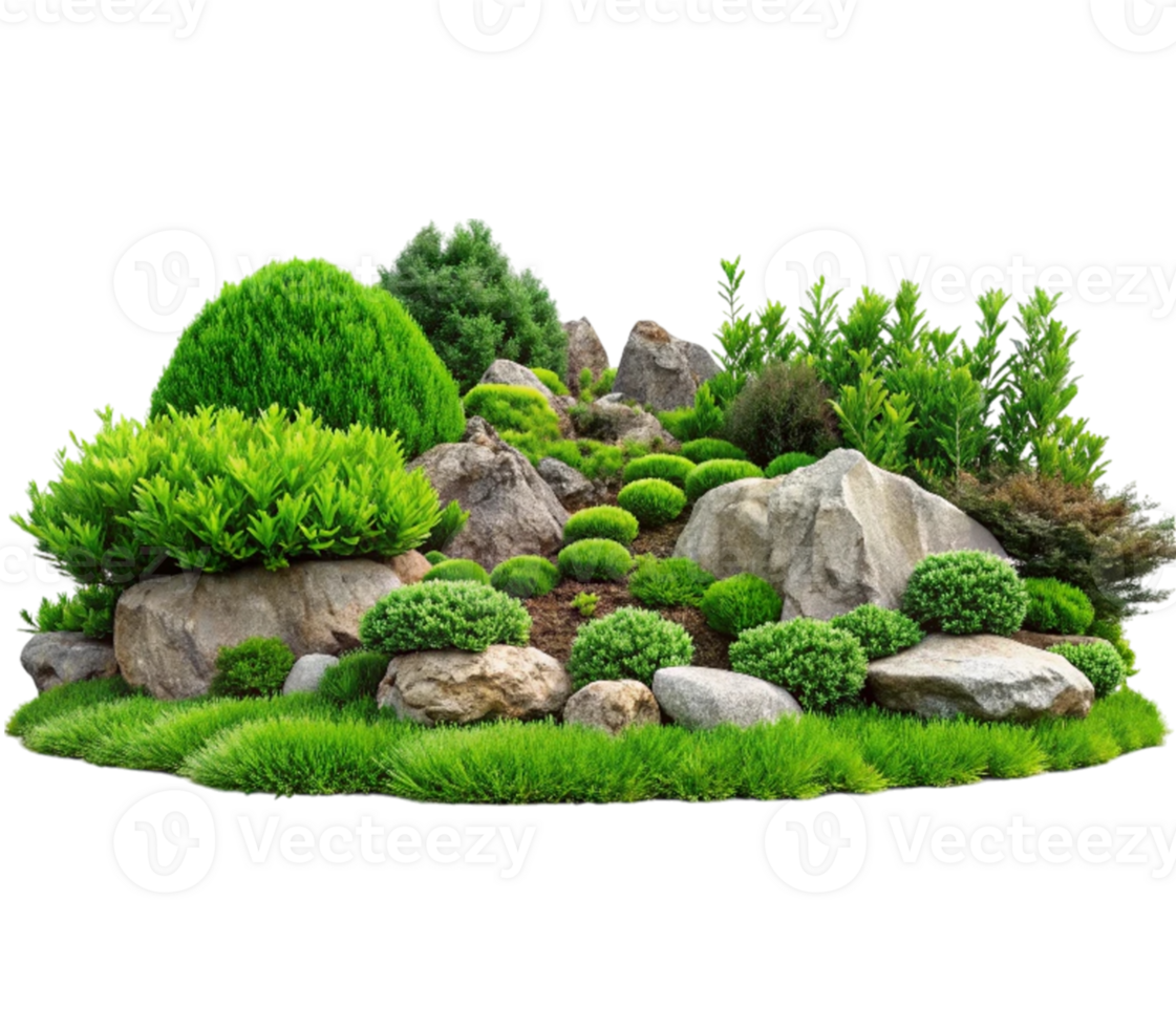 Beautiful garden design combining landscape elements with plants and rocks png