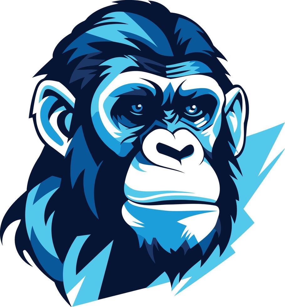 The head of a gorilla is shown in blue and white vector