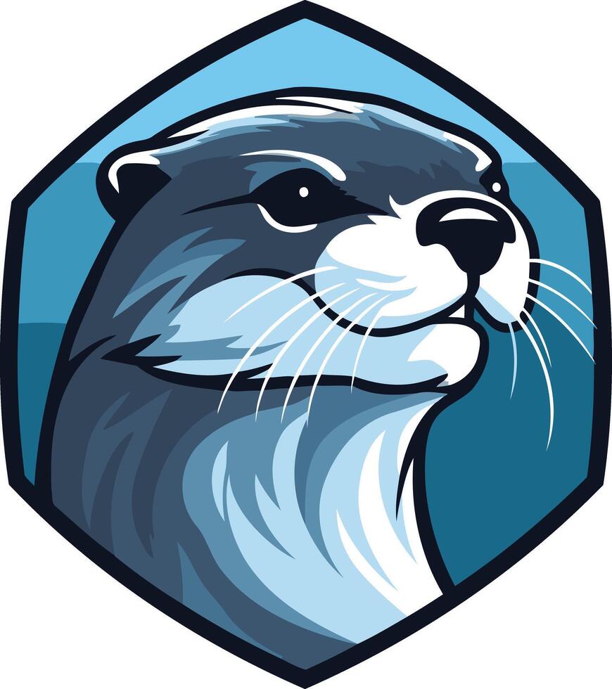 An otter head in a blue and white hexagon vector