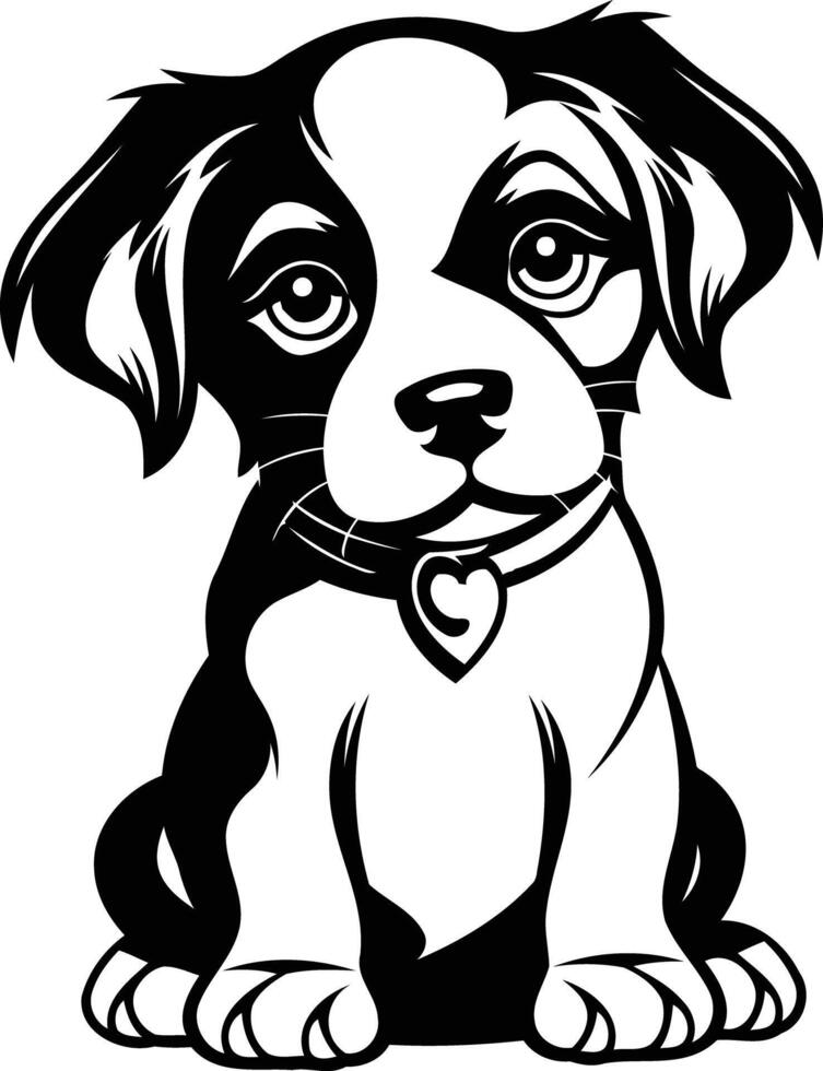 A black and white dog with a collar and a heart vector