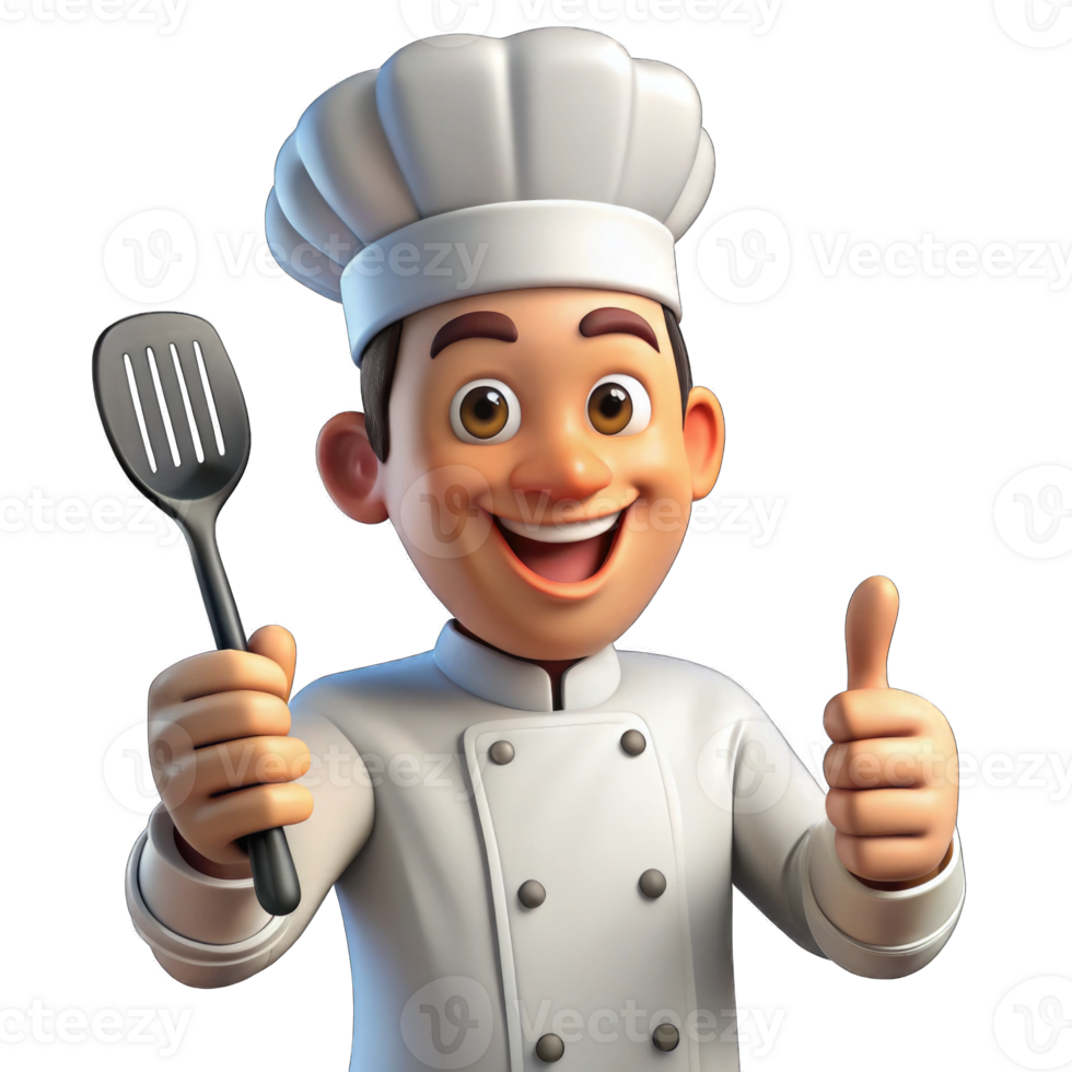 Cartoon Style 3D Chef holding spatula and giving thumbs up Icon Isolated on Transparent Background Cutout png