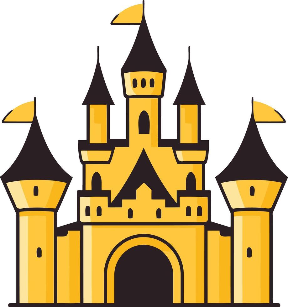 A castle with a yellow roof and black turrets vector