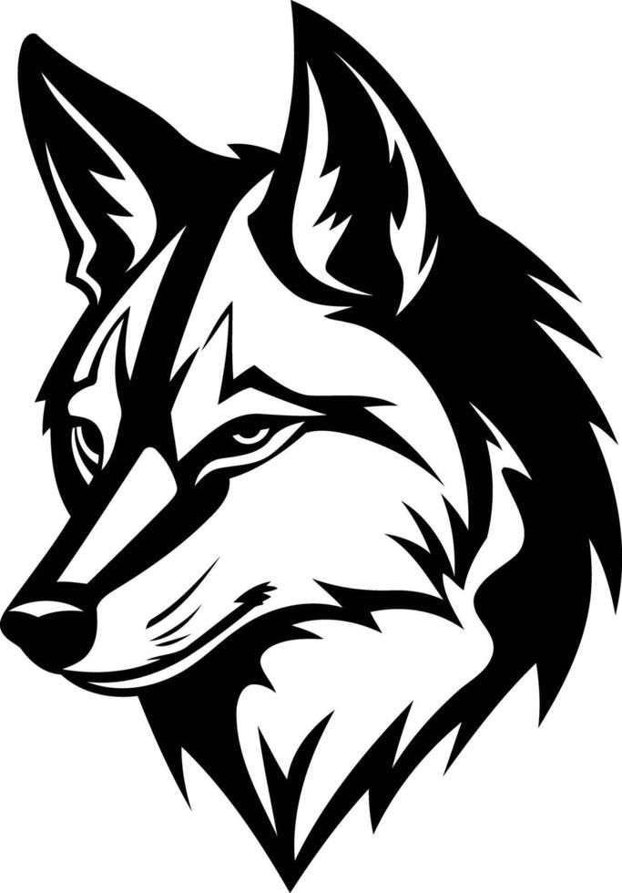 The head of a wolf is shown in black and white vector