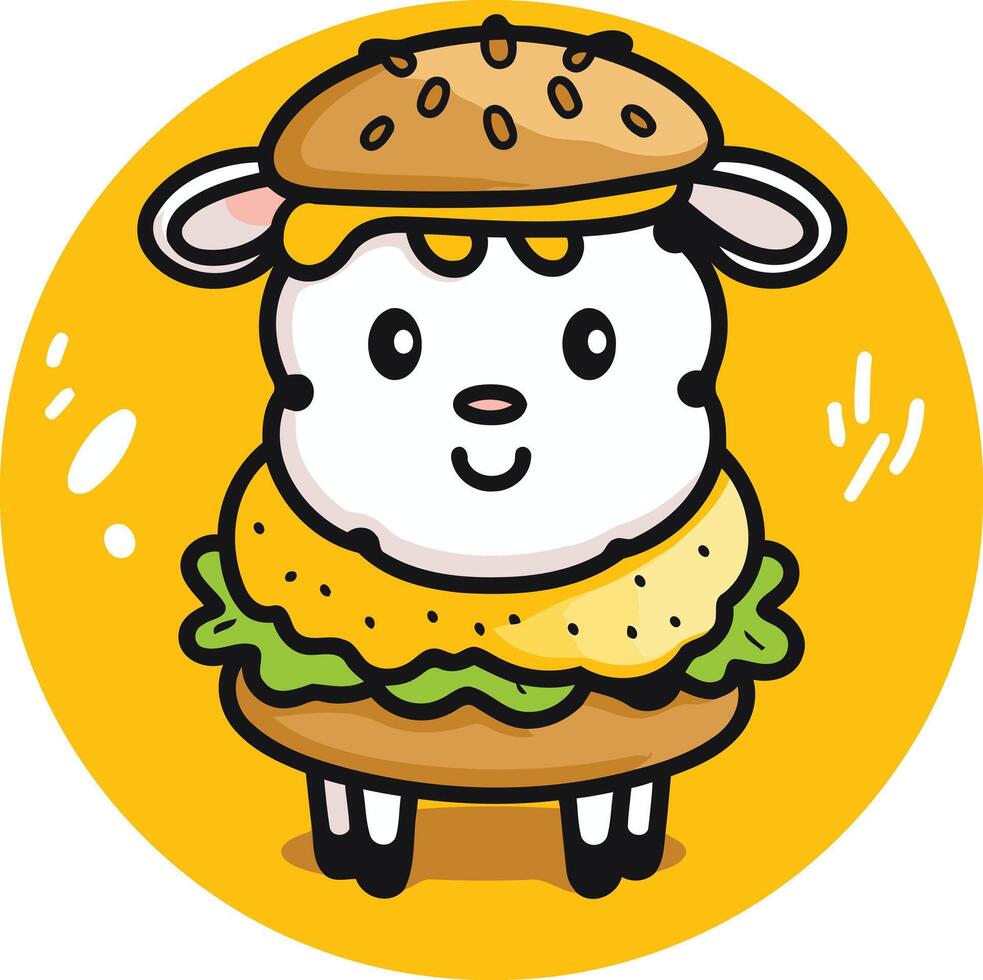 A cartoon sheep wearing a burger on a yellow background vector