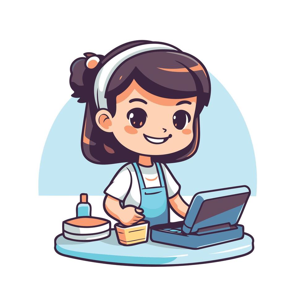 A cartoon girl working at a computer vector