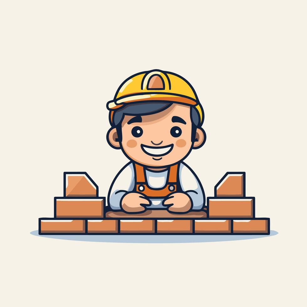 A cartoon construction worker sitting on a brick wall vector