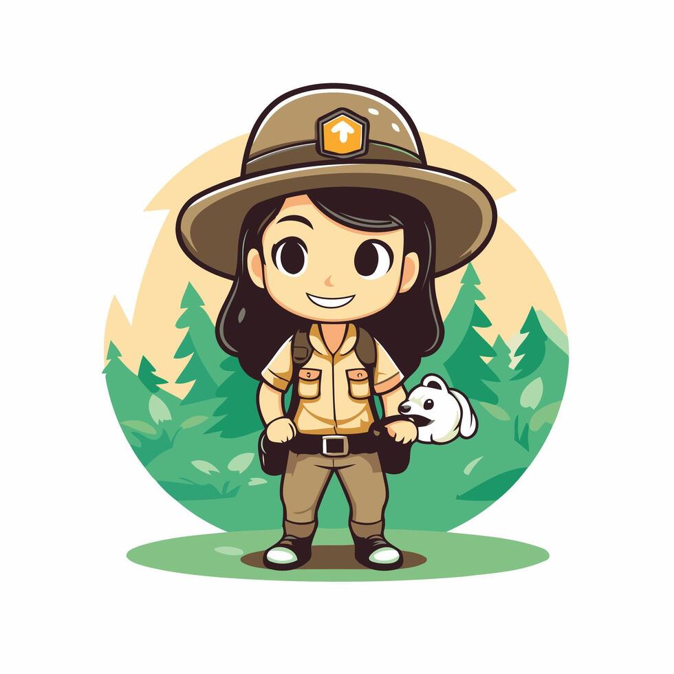 A cartoon character of a girl in a hat and uniform holding a dog vector