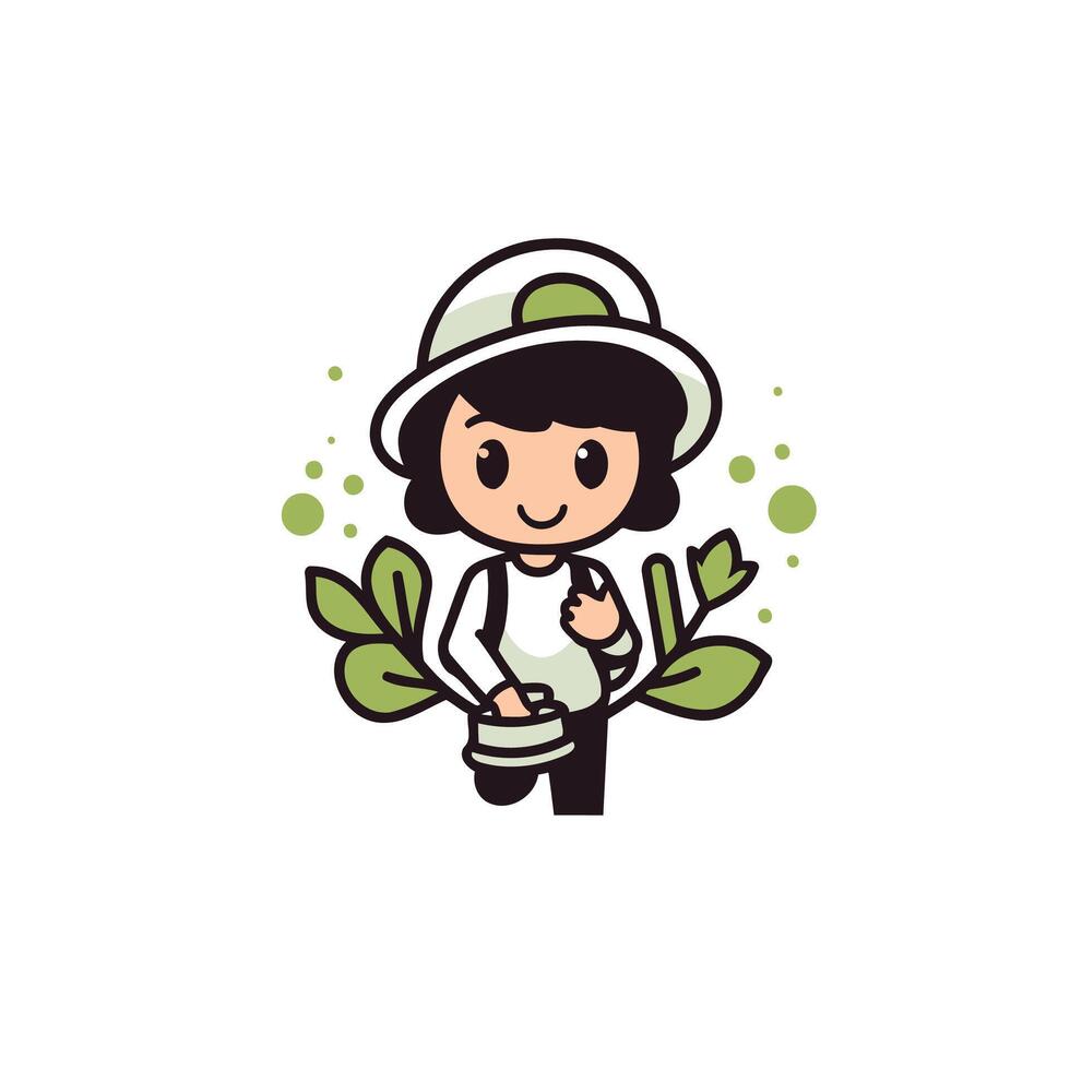 A cartoon girl with a hat and green leaves vector