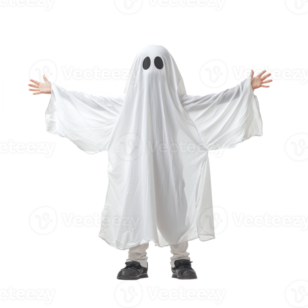 A child in a ghost costume, spreading their arms wide and pretending to float. isolated on transparency background png