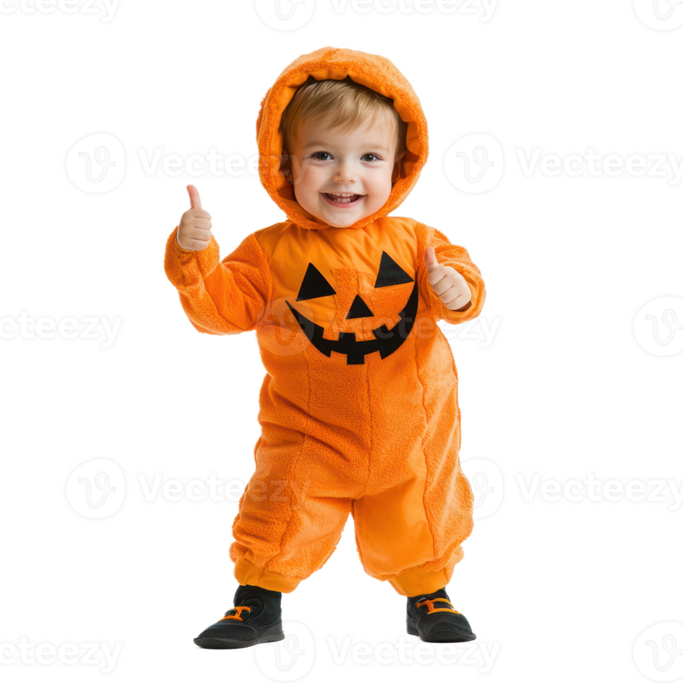 A child in a pumpkin costume, giving a thumbs-up and grinning excitedly. isolated on transparency background png