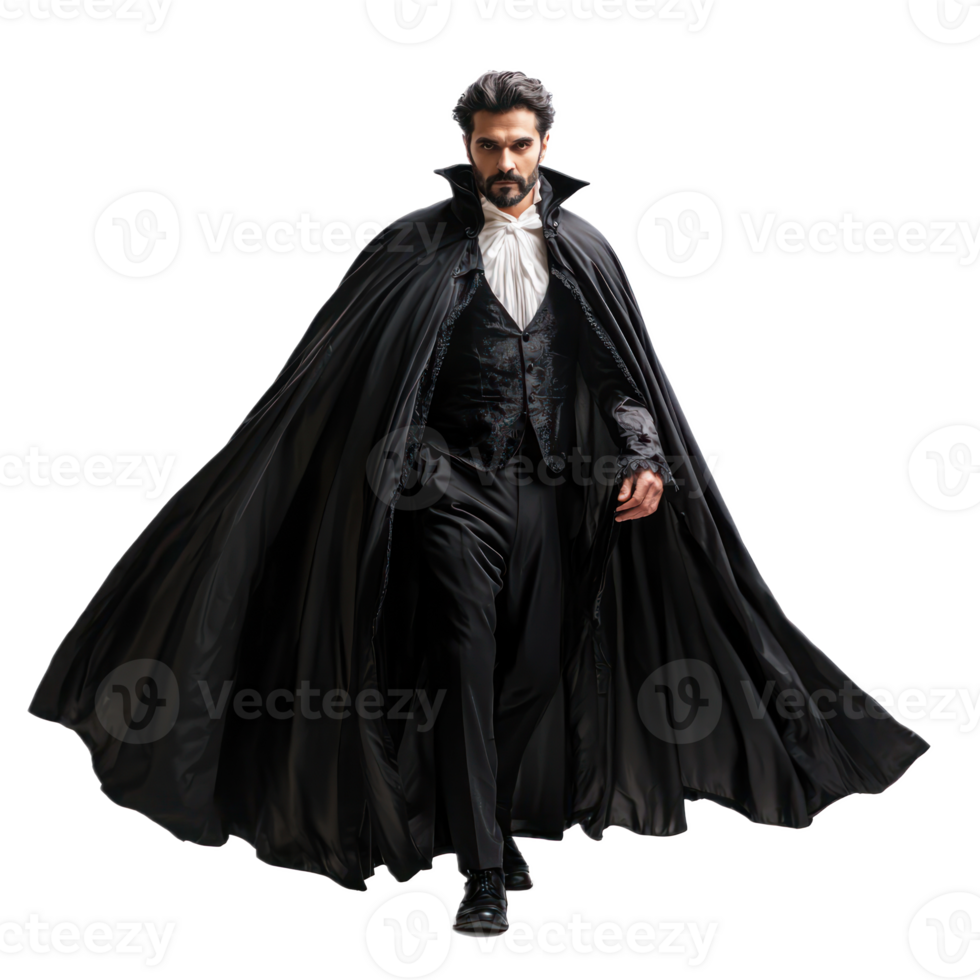 A man dressed as a vampire, with a dramatic cape flourish and a menacing grin. isolated on transparency background png