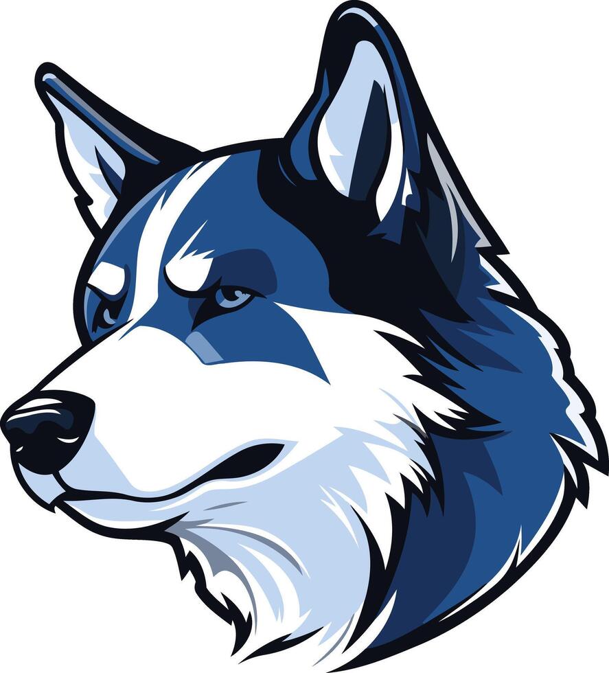 The head of a husky dog is shown in blue and white vector