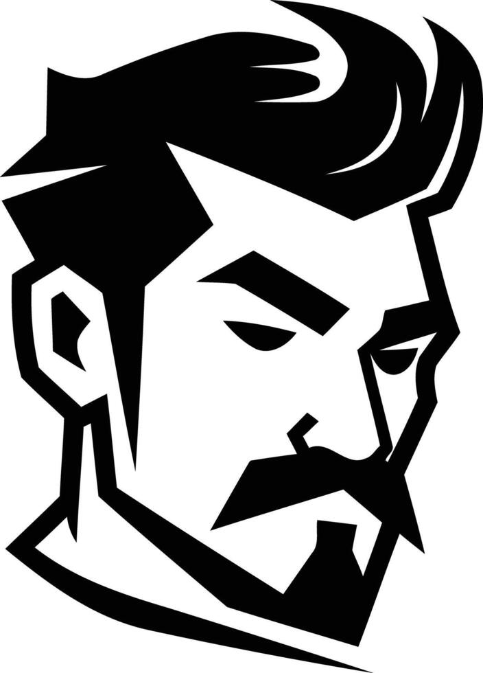 A man with a mustache and moustache is shown in a black and white logo vector