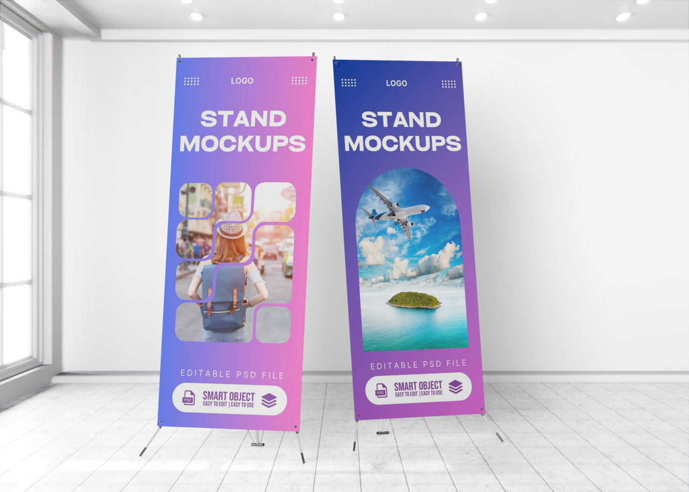 X Stand Banner Mockups in Grayscale psd