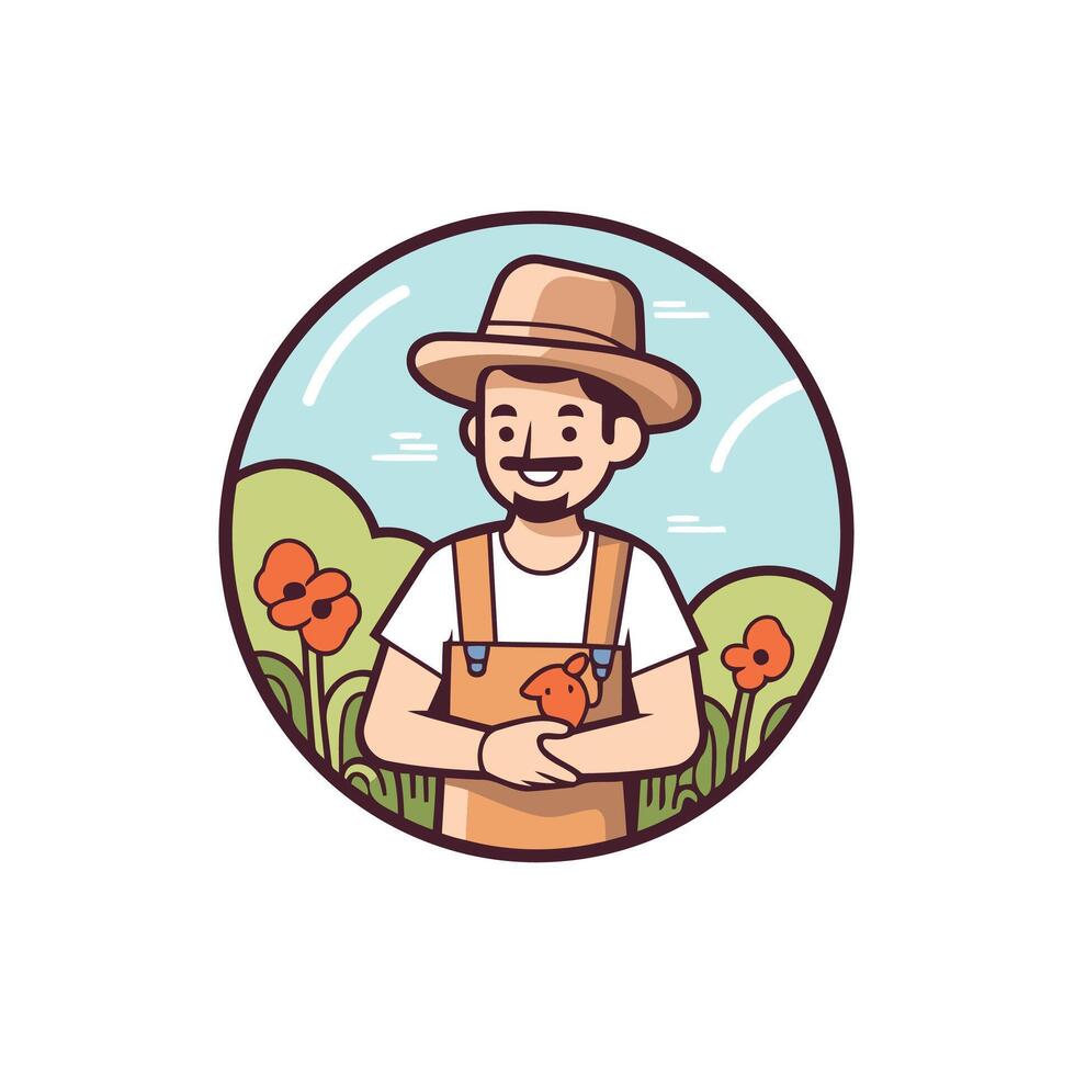 Farmer with poppy flowers in the field vector