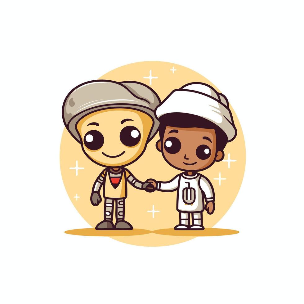 Two cartoon characters shaking hands with a robot vector
