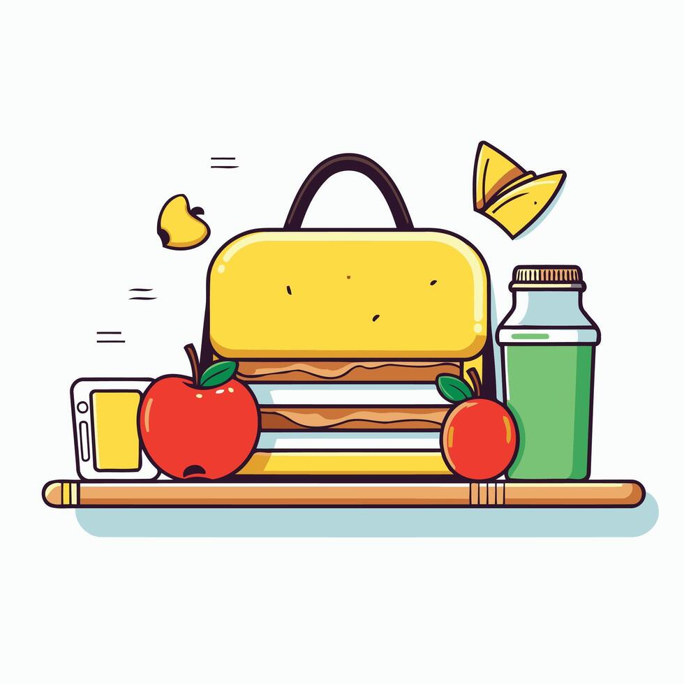 Lunch box with apple, sandwich, and drink vector