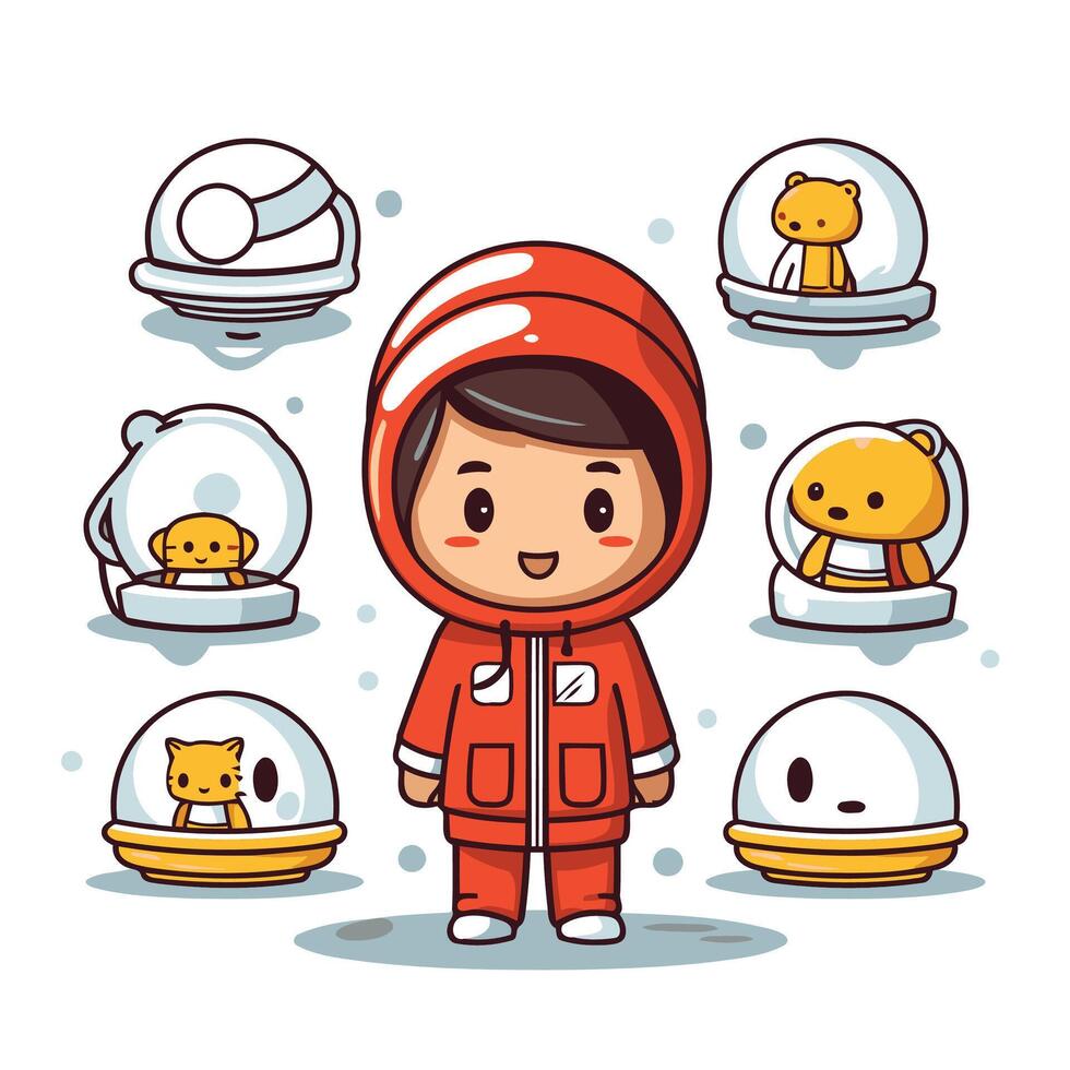 A little girl in a red coat and hat surrounded by various objects vector